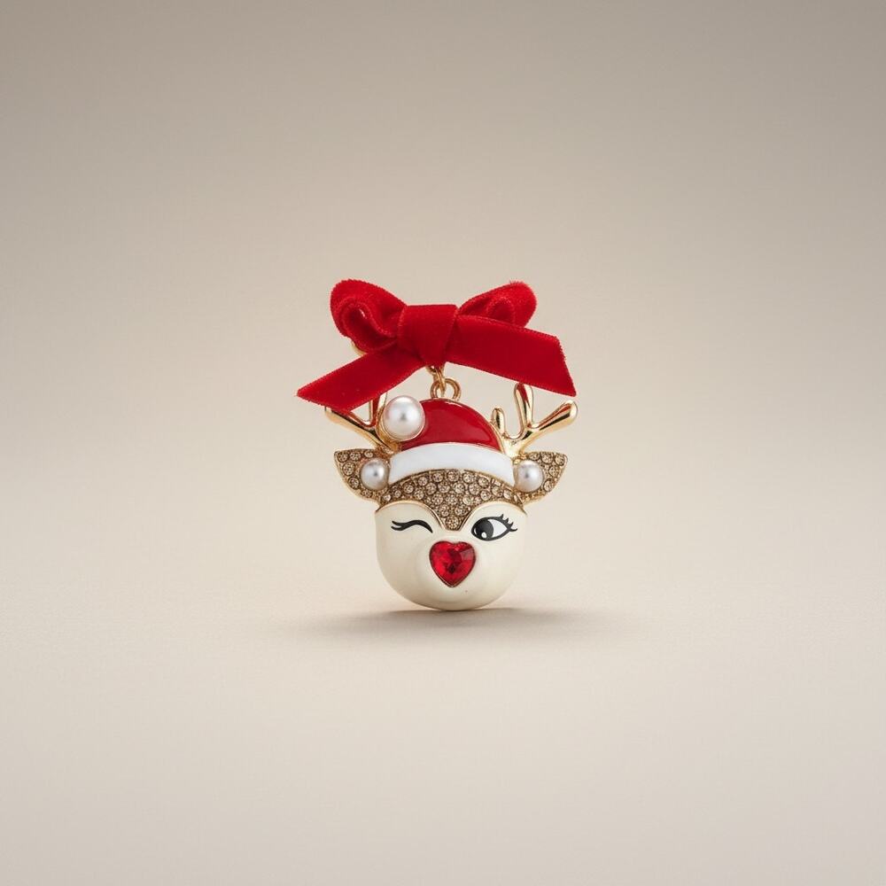 Betsey Johnson Large Reindeer Bow Brooch Pin Rhinestone Christmas NWT